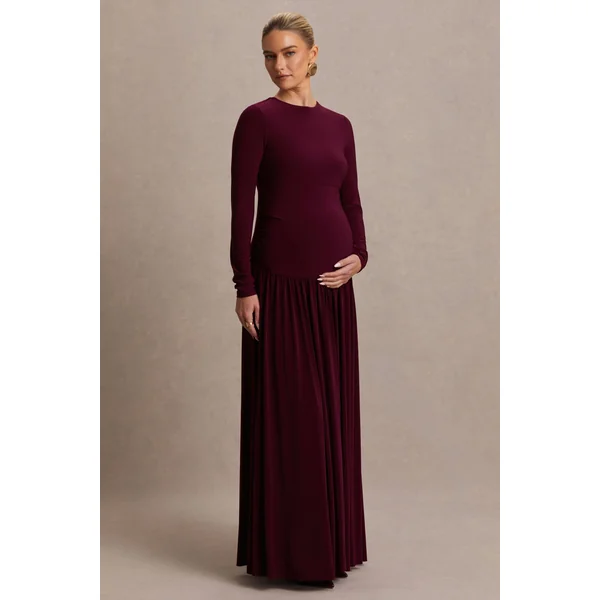 Monroe | Robe longue de maternité bordeaux à encolure ras-du-cou et taille basse