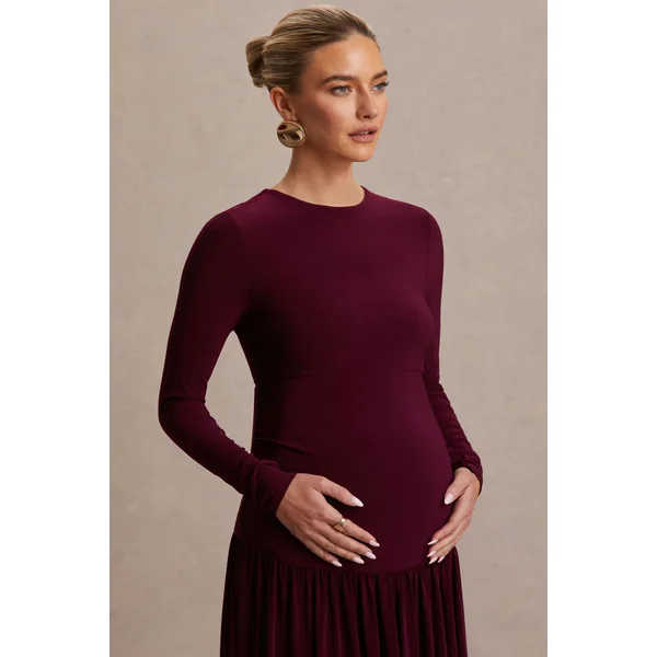 Monroe | Robe longue de maternité bordeaux à encolure ras-du-cou et taille basse