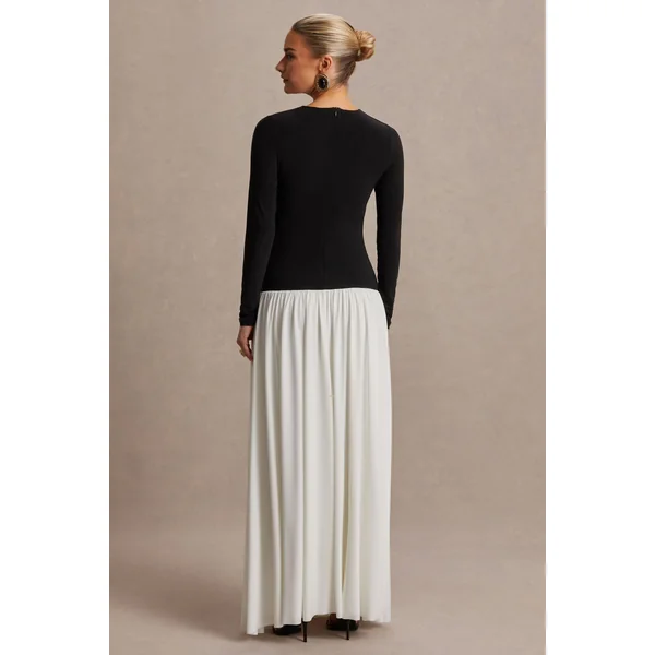 Monroe | Robe longue noir et blanc à encolure ronde avec taille basse