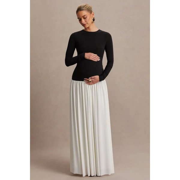 Monroe | Robe longue noir et blanc à encolure ronde avec taille basse