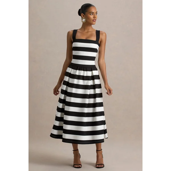 Monte Carlo | Robe mi-longue à rayures noires et blanches encolure carrée et taille basse