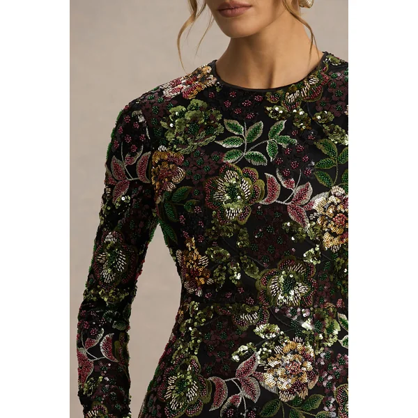 Moonlit | Mini-robe à encolure ras-du-cou en tulle à sequins motif floral d’hiver