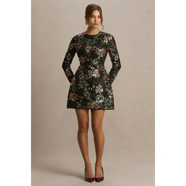 Moonlit | Mini-robe à encolure ras-du-cou en tulle à sequins motif floral d’hiver