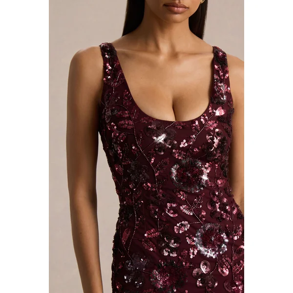 Moonshine | Mini-robe à encolure carrée ornée de sequins et motif floral bordeaux