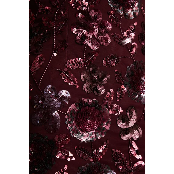 Moonshine | Mini-robe à encolure carrée ornée de sequins et motif floral bordeaux