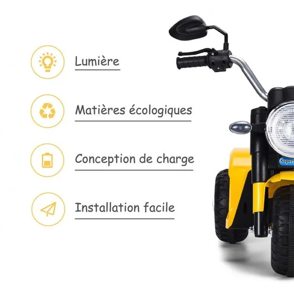 Moto Electrique 20W pour Enfants de 3 à 8 Ans Moto Véhicule alimenté par Batterie 6V Capacité 20KG 72x57x56 cm Jaune