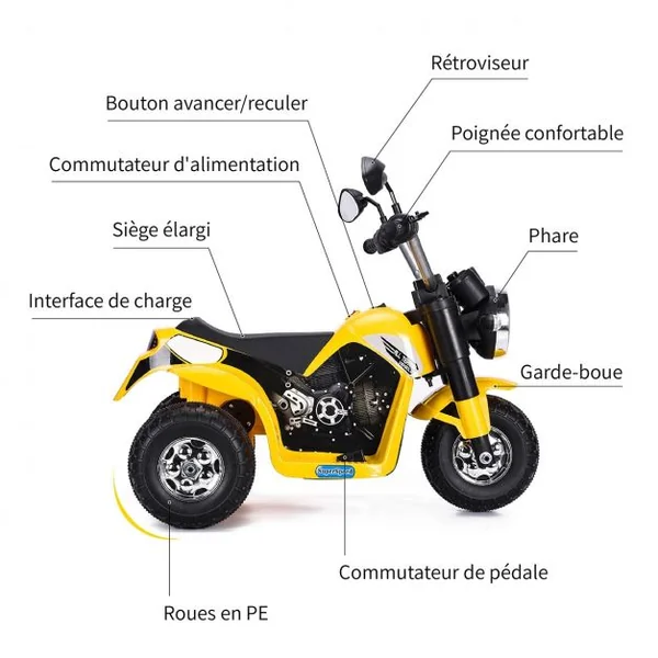 Moto Electrique 20W pour Enfants de 3 à 8 Ans Moto Véhicule alimenté par Batterie 6V Capacité 20KG 72x57x56 cm Jaune