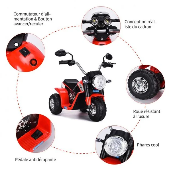 Moto Electrique 20W pour Enfants de 3 à 8 Ans Moto Véhicule alimenté par Batterie 6V Capacité 20KG 72x57x56 cm Rouge