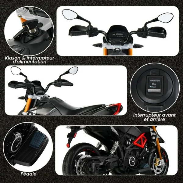 Moto Electrique pour Enfants 12V avec Lumières LED Musique MP3 Roues Antidérapantes 37-95 mois Gris