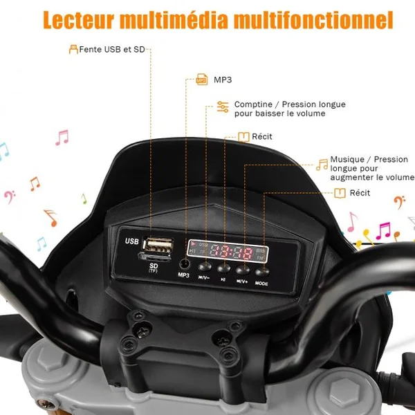 Moto Electrique pour Enfants 12V avec Lumières LED Musique MP3 Roues Antidérapantes 37-95 mois