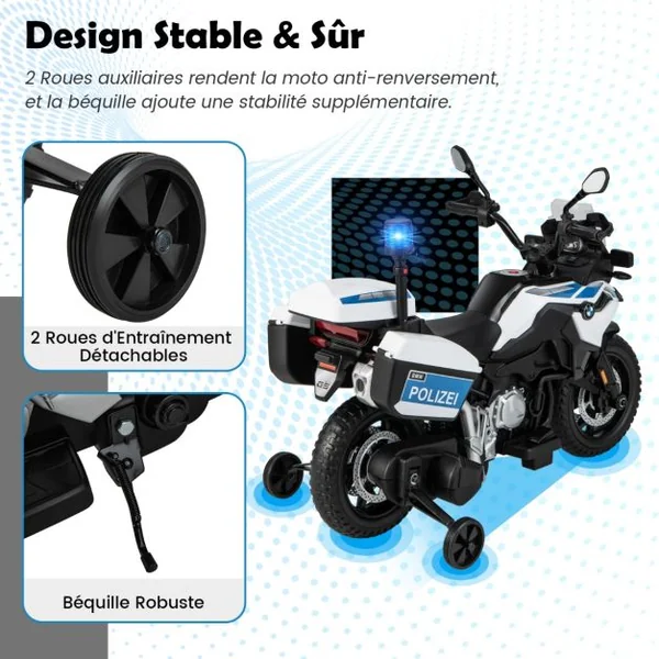 Moto Électrique BMW 12V/7AH pour Enfants 6km/h Modèle Policier avec Klaxon Musique Sirène Phares pour 3-8 Ans