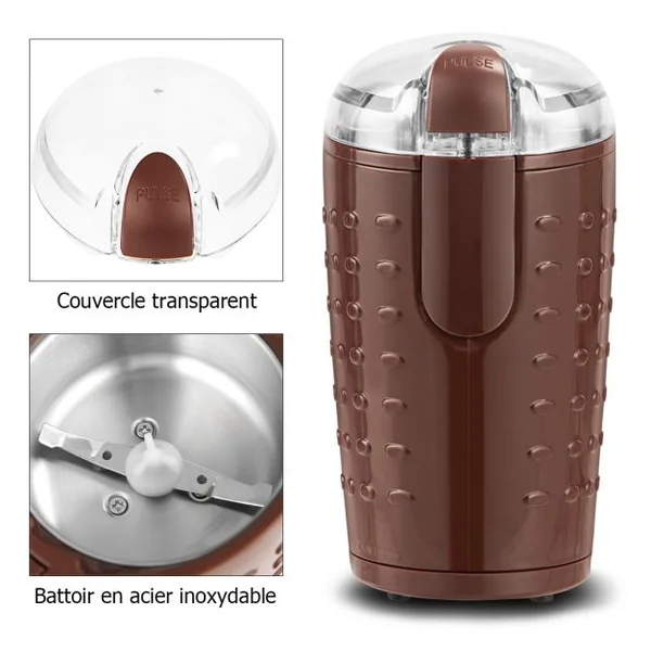 Moulin à Café Electrique 150W Broyeur à Café pour Grains à Moudre Lames en Acier Inoxydable, 11,7x10x18cm, Brun