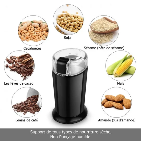 Moulin à Café Electrique 150W Broyeur à Café pour Grains à Moudre Lames en Acier Inoxydable, 11,7x10x19,1cm, Noir