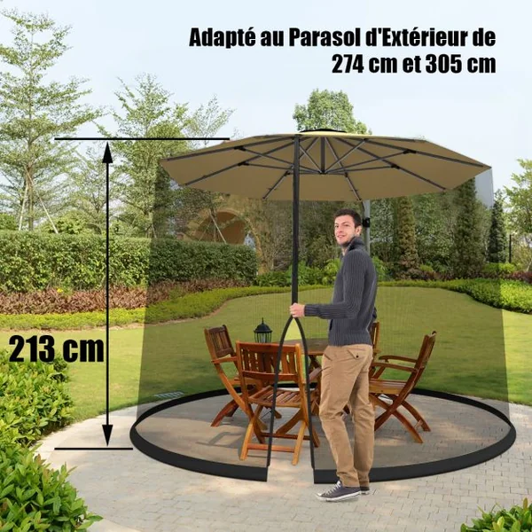Moustiquaire pour Parasol Cylindrique Parasol 3M en Maille Baldaquin Fermeture à Glissière Double Face Tuyau Coupe-vent Noir