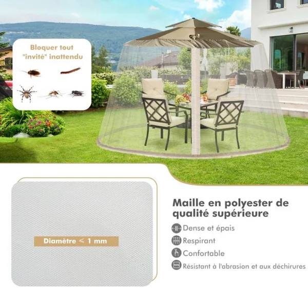 Moustiquaire pour Parasol en Maille Polyester avec Fermeture Eclair et Base Remplissable pour Parasol de ø2,5 à 3 m Noir/Beige