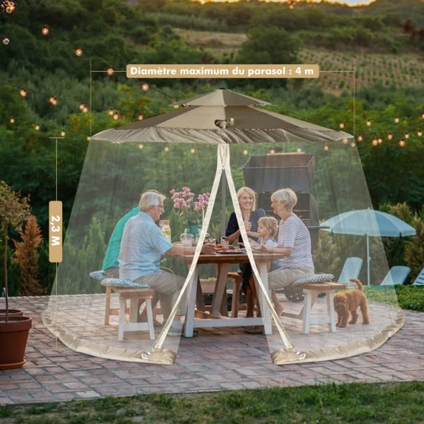 Moustiquaire pour Parasol en Maille Polyester avec Fermeture Eclair et Base Remplissable pour Parasol de ø2,5 à 3 m Noir/Beige