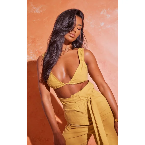 Moutarde Brassière Micro Triangle Aspect Lin À Nouer Dans Le Dos