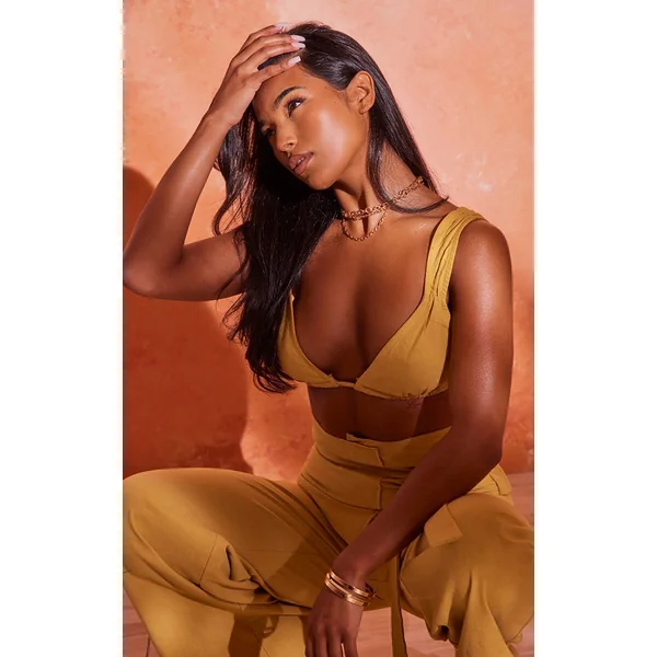 Moutarde Brassière Micro Triangle Aspect Lin À Nouer Dans Le Dos