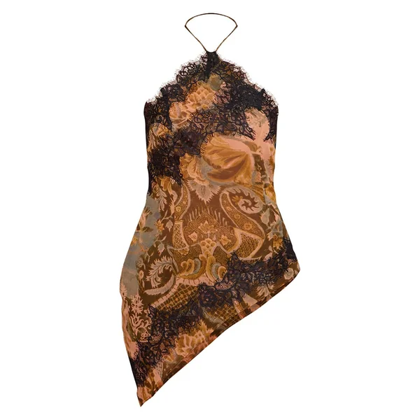 Multicolore Caraco Asymétrique À Imprimé Floral Marron Avec Détails En Dentelle