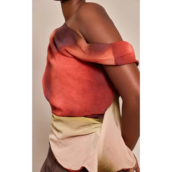 Multicolore Haut Long Drapé Asymétrique En Mousseline