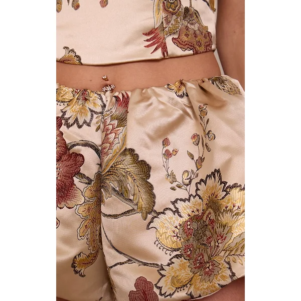 Multicolore Short Bouffant En Satin Brodé Jacquard Fleuri
