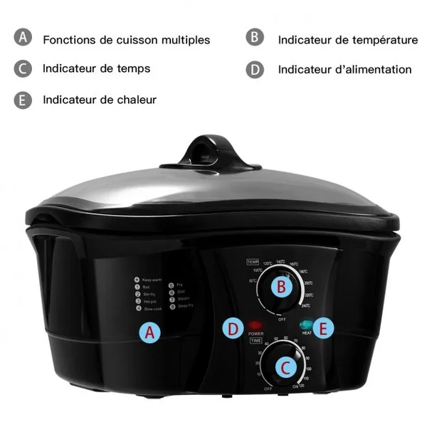Multi-cuiseur Électrique 8 en 1 Autocuiseur Multifonction 1500W Antiadhésive avec Accessoires Capacité 5L Noir