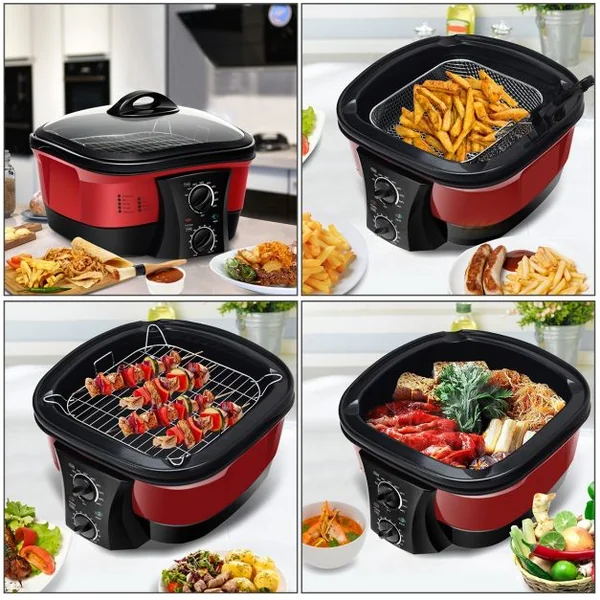 Multi-Cuiseur Électrique 8 en 1 Mijoteuse Multifonction 1500w Fond Antiadhésif Capacité 5 L 335x335x27cm Rouge
