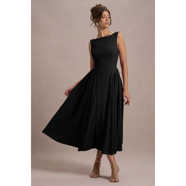 Muriel | Robe mi-longue noire à encolure bateau et jupe volumineuse
