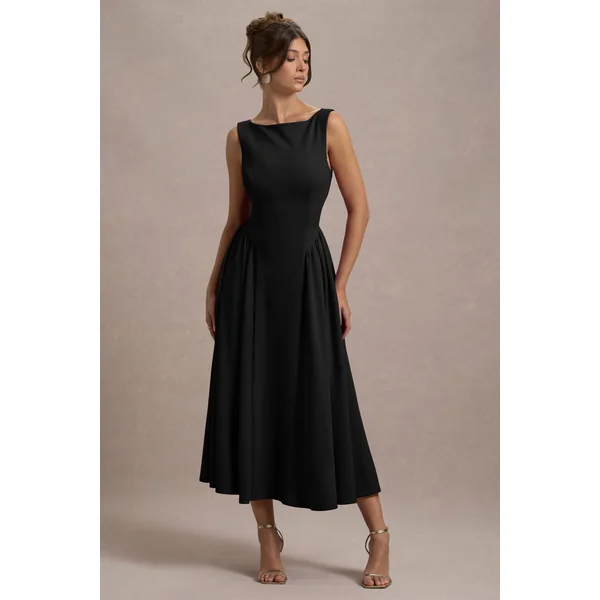 Muriel | Robe mi-longue noire à encolure bateau et jupe volumineuse
