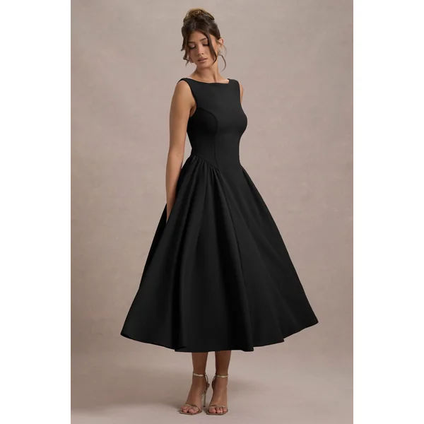 Muriel | Robe mi-longue noire à encolure bateau et jupe volumineuse