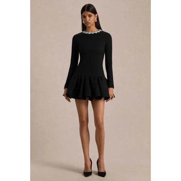 My Wish | Mini-robe noire à col montant orné et taille tombante