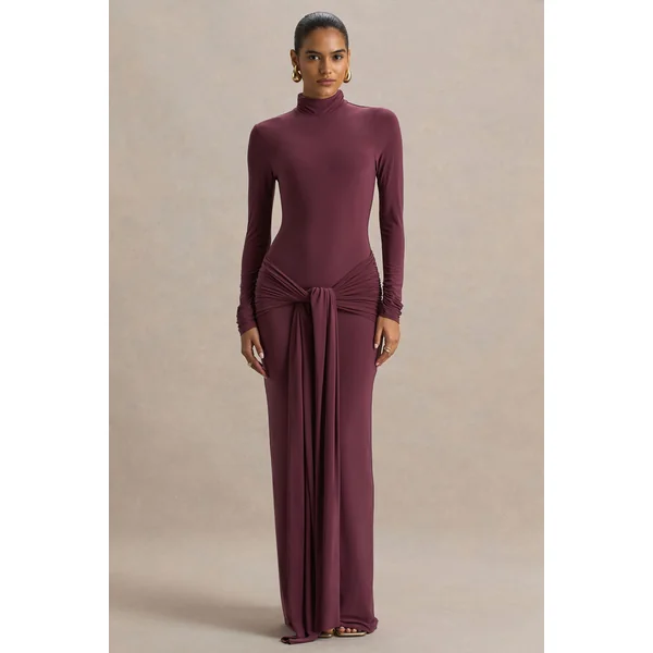 Myra | Robe longue bordeaux à encolure haute écharpe et détails froncés