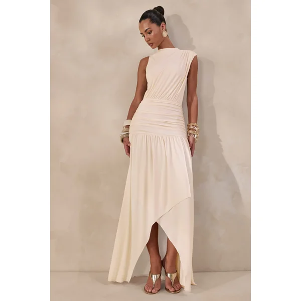 Myssara | Robe longue crème à col montant avec détails froncés