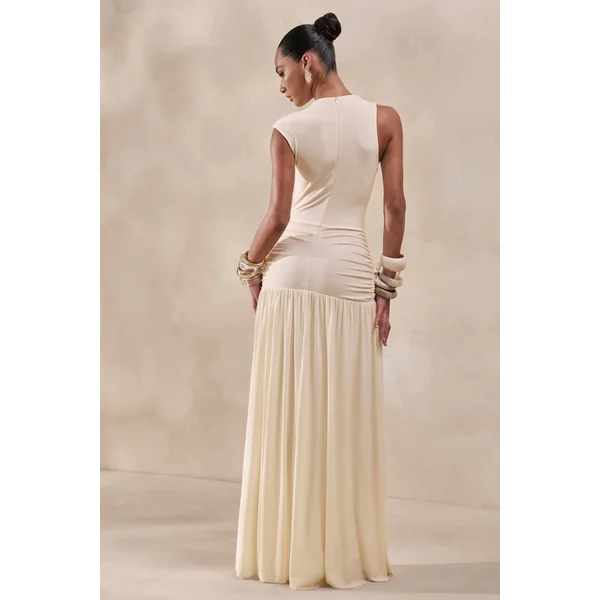 Myssara | Robe longue crème à col montant avec détails froncés