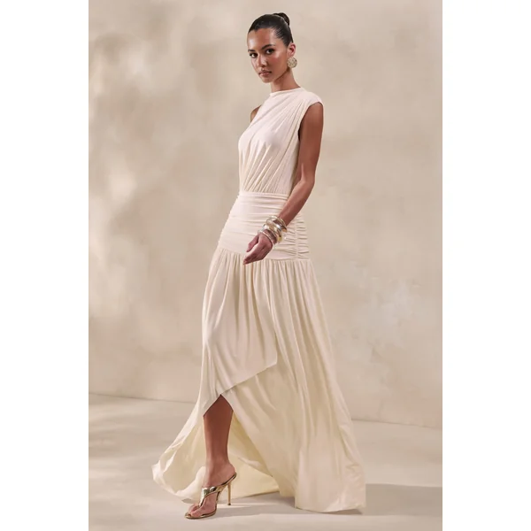 Myssara | Robe longue crème à col montant avec détails froncés