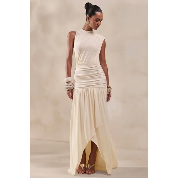 Myssara | Robe longue crème à col montant avec détails froncés