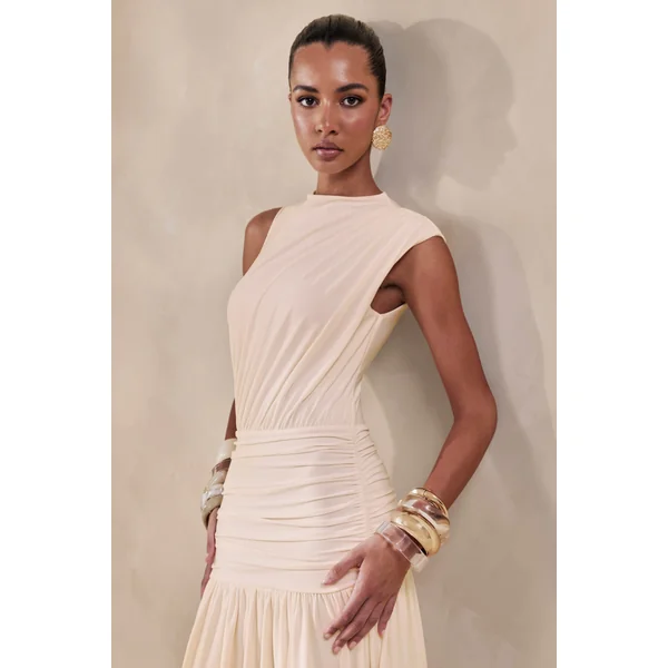 Myssara | Robe longue crème à col montant avec détails froncés