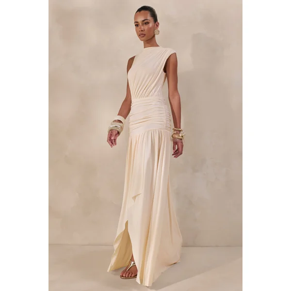 Myssara | Robe longue crème à col montant avec détails froncés