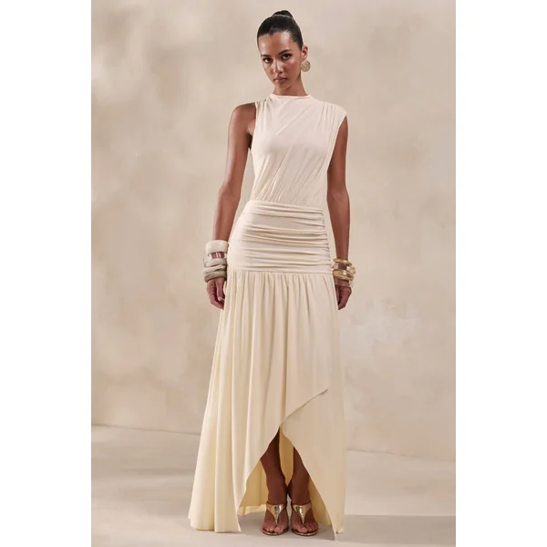 Myssara | Robe longue crème à col montant avec détails froncés
