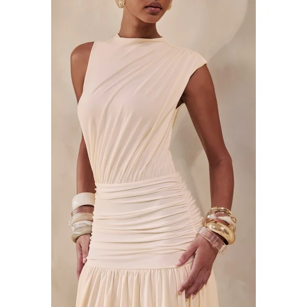 Myssara | Robe longue crème à col montant avec détails froncés
