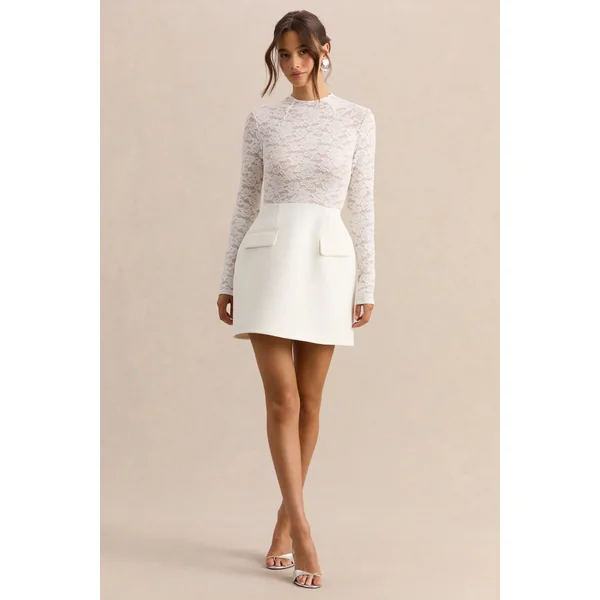 Mysteria | Mini-robe blanche à encolure haute en dentelle avec détails de poches