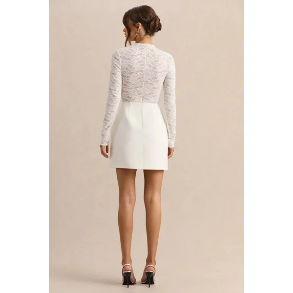 Mysteria | Mini-robe blanche à encolure haute en dentelle avec détails de poches