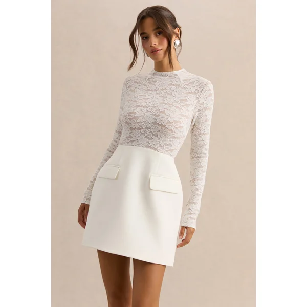 Mysteria | Mini-robe blanche à encolure haute en dentelle avec détails de poches