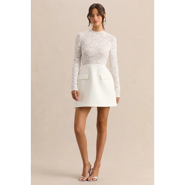 Mysteria | Mini-robe blanche à encolure haute en dentelle avec détails de poches