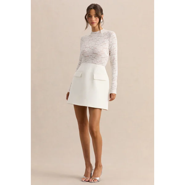 Mysteria | Mini-robe blanche à encolure haute en dentelle avec détails de poches
