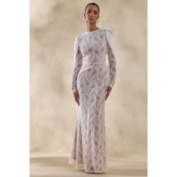 Nabina | Robe longue blanche en dentelle à encolure ronde avec détail drapé au dos