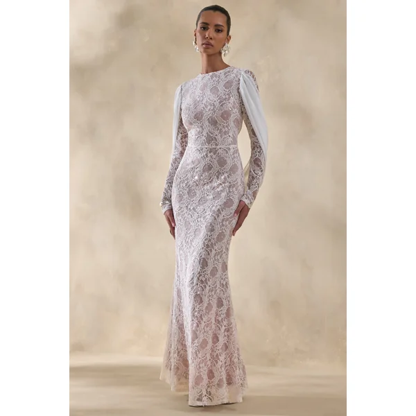 Nabina | Robe longue blanche en dentelle à encolure ronde avec détail drapé au dos