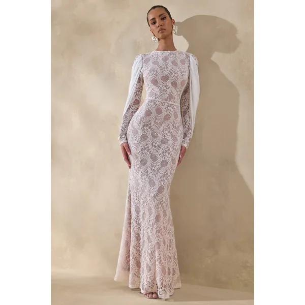 Nabina | Robe longue blanche en dentelle à encolure ronde avec détail drapé au dos