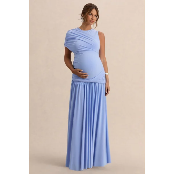Naida | Robe longue de maternité bleu clair à encolure ronde avec détails drapés