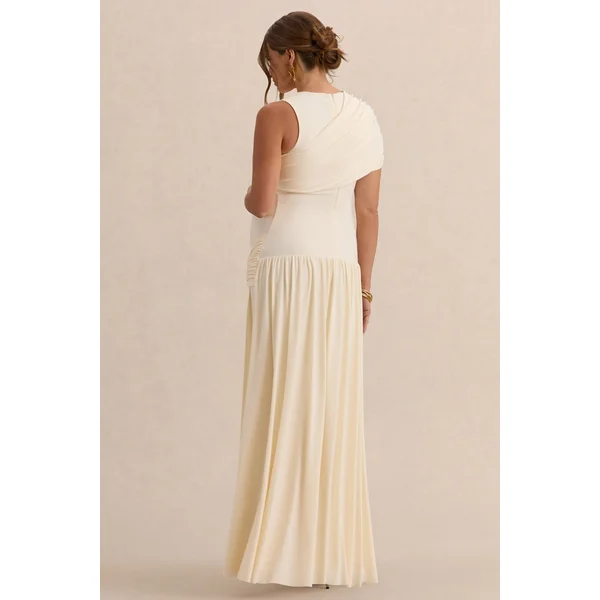 Naida | Robe longue de maternité crème à encolure ronde avec détails drapés